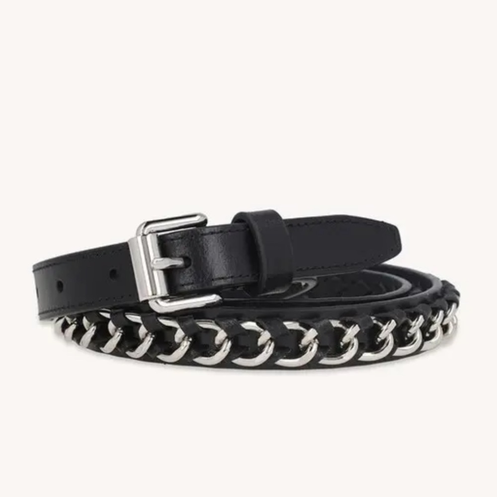 NWT Rebecca Minkoff Black Leather Silver Chain Edie Belt - Size XS